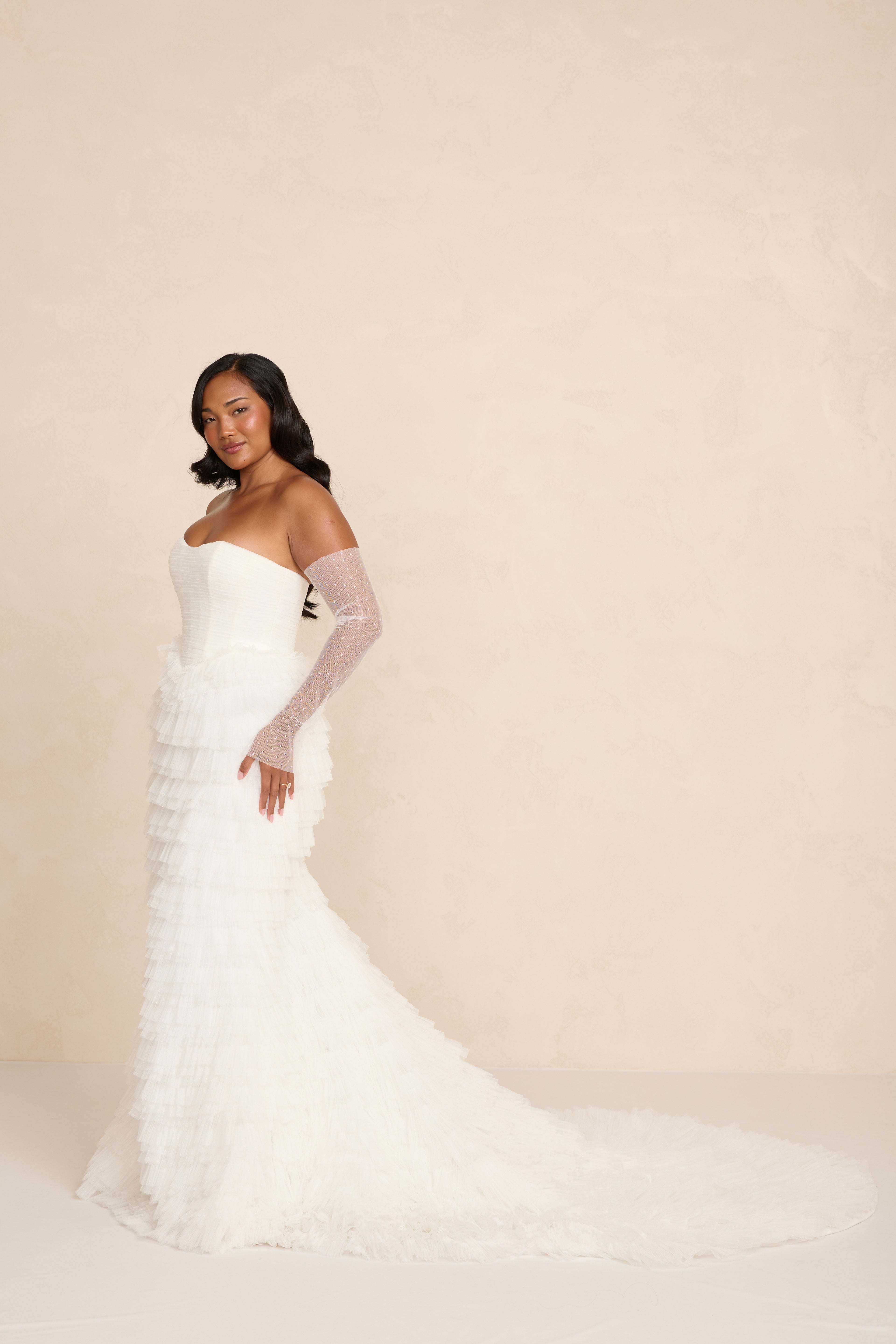 White Corset Wedding Dress With Layered Ruffled Skirt 